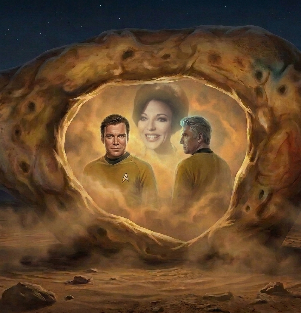 Cover art for The City Beyond Forever: Kirk and an older Kirk turned from one another inside the Guardian of Forever, Edith Keeler watching above them